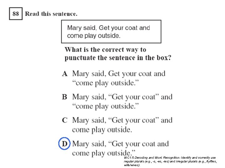 WC 1. 5 Decoding and Word Recognition: Identify and correctly use regular plurals (e. WC 1. 5 Decoding and Word Recognition: Identify and correctly use regular plurals (e.