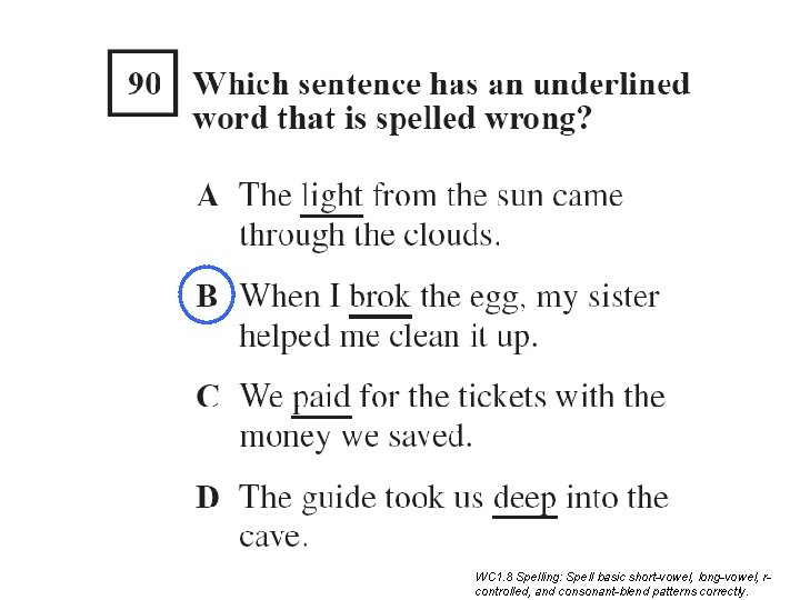 WC 1. 8 Spelling: Spell basic short-vowel, long-vowel, rcontrolled, and consonant-blend patterns correctly. WC 1. 8 Spelling: Spell basic short-vowel, long-vowel, rcontrolled, and consonant-blend patterns correctly.