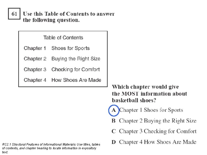 RC 2. 1 Structural Features of Informational Materials: Use titles, tables of contents, and RC 2. 1 Structural Features of Informational Materials: Use titles, tables of contents, and
