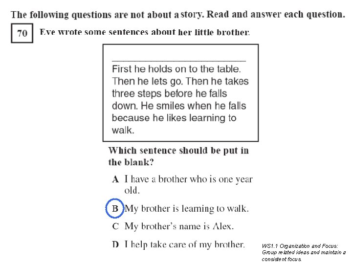 WS 1. 1 Organization and Focus: Group related ideas and maintain a consistent focus. WS 1. 1 Organization and Focus: Group related ideas and maintain a consistent focus.