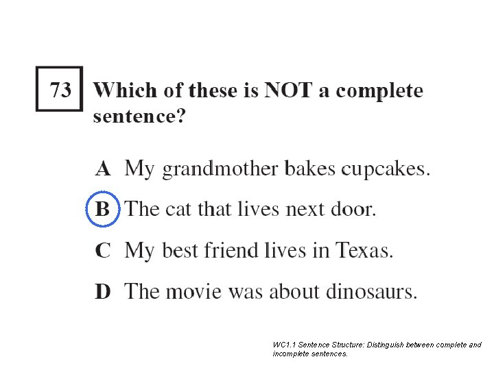 WC 1. 1 Sentence Structure: Distinguish between complete and incomplete sentences. WC 1. 1 Sentence Structure: Distinguish between complete and incomplete sentences.