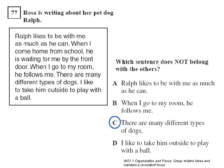 WS 1. 1 Organization and Focus: Group related ideas and maintain a consistent focus. WS 1. 1 Organization and Focus: Group related ideas and maintain a consistent focus.