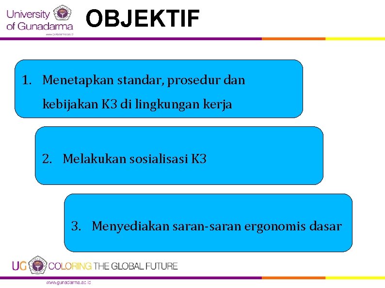 OBJEKTIF 1. Menetapkan standar, prosedur dan kebijakan K 3 di lingkungan kerja 2. Melakukan OBJEKTIF 1. Menetapkan standar, prosedur dan kebijakan K 3 di lingkungan kerja 2. Melakukan
