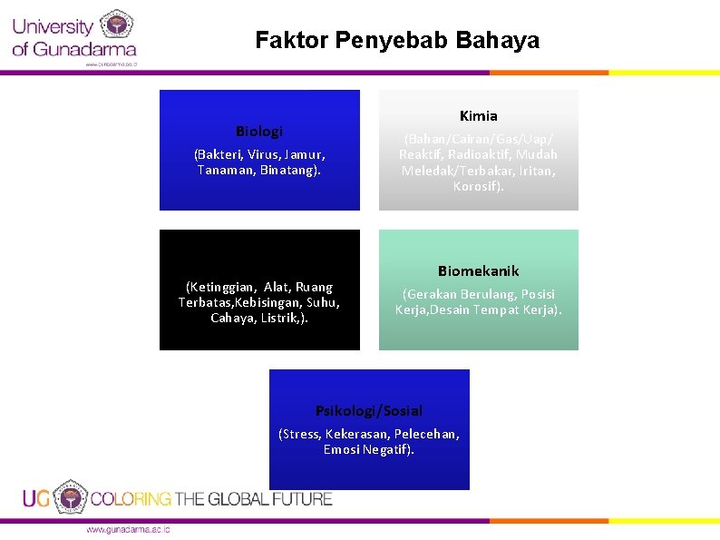 Faktor Penyebab Bahaya Kimia Biologi (Bakteri, Virus, Jamur, Tanaman, Binatang). (Bahan/Cairan/Gas/Uap/ Reaktif, Radioaktif, Mudah