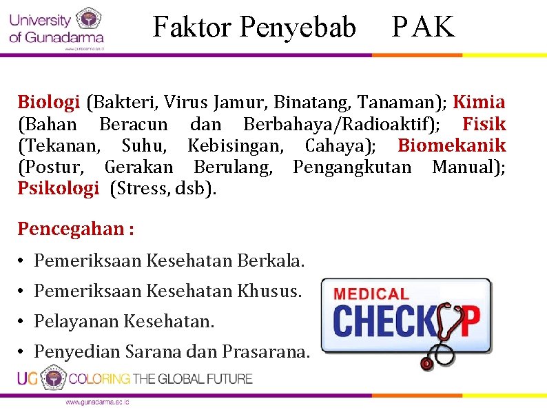 Faktor Penyebab P AK Biologi (Bakteri, Virus Jamur, Binatang, Tanaman); Kimia (Bahan Beracun dan