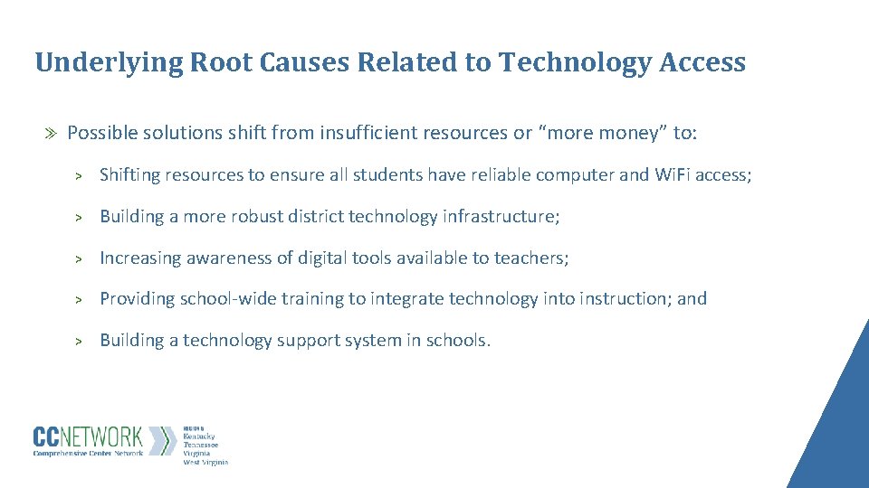 Underlying Root Causes Related to Technology Access ≫ Possible solutions shift from insufficient resources