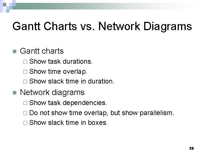 Gantt Charts vs. Network Diagrams n Gantt charts ¨ Show task durations. ¨ Show