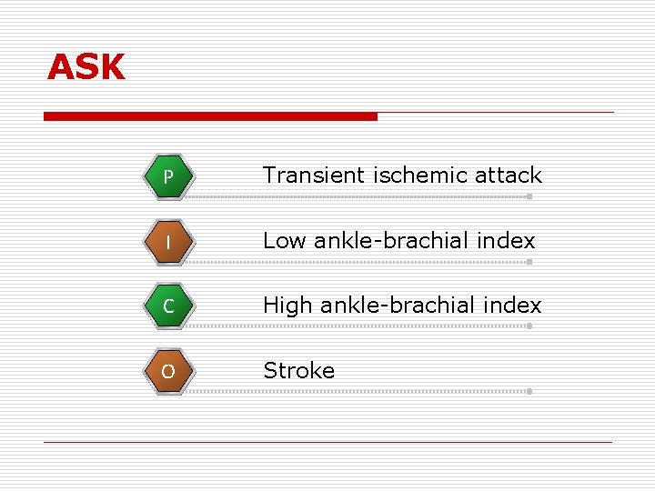 ASK P Transient ischemic attack I Low ankle-brachial index C High ankle-brachial index O