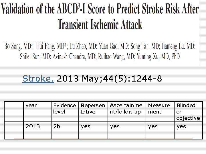 Stroke. 2013 May; 44(5): 1244 -8 year Evidence Repersen Ascertainme level tative nt/follow up