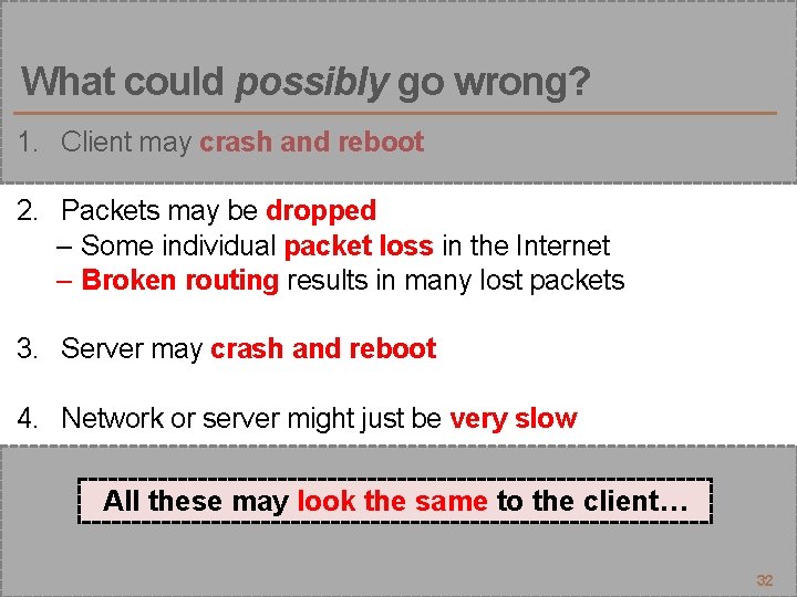 What could possibly go wrong? 1. Client may crash and reboot 2. Packets may