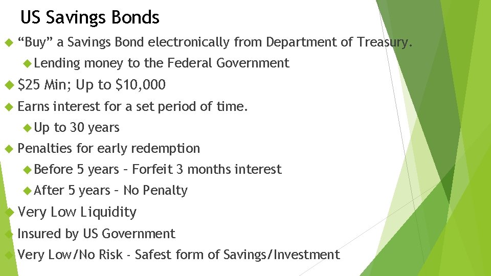 US Savings Bonds “Buy” a Savings Bond electronically from Department of Treasury. Lending $25