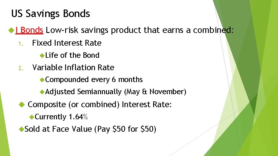 US Savings Bonds I Bonds Low-risk savings product that earns a combined: 1. Fixed