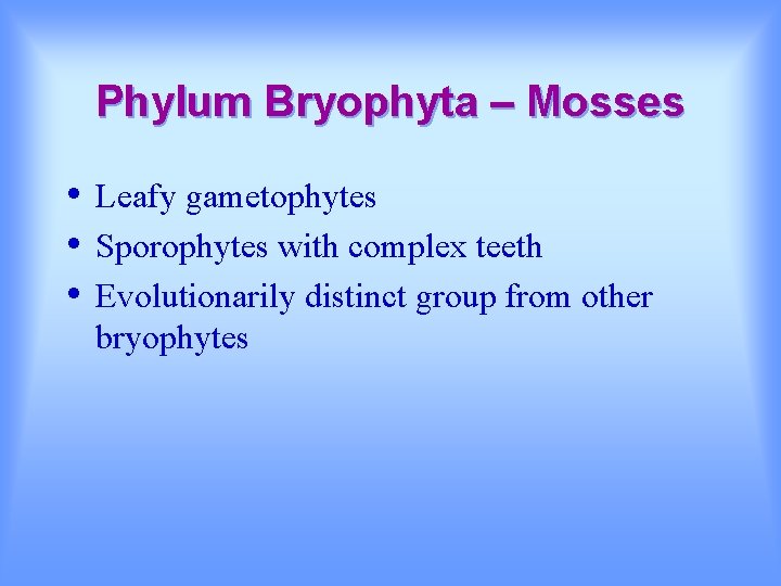 Phylum Bryophyta – Mosses • • • Leafy gametophytes Sporophytes with complex teeth Evolutionarily