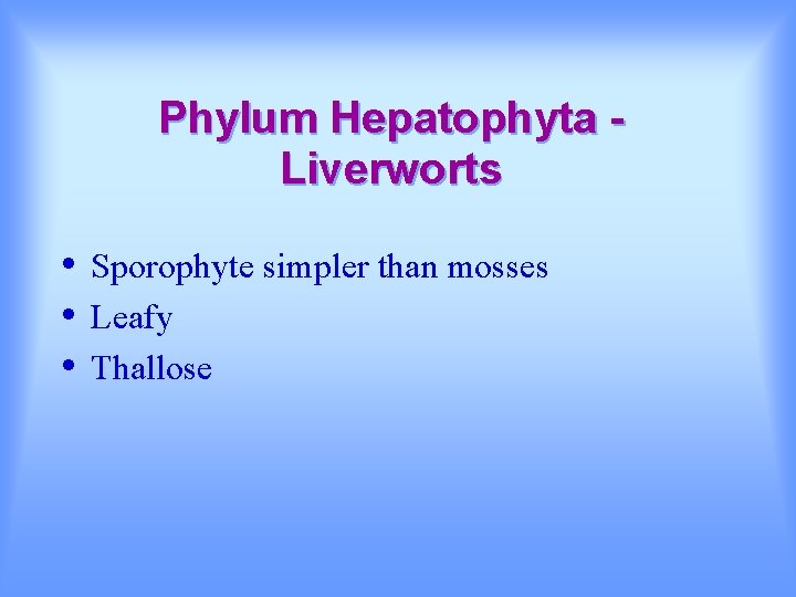 Phylum Hepatophyta Liverworts • • • Sporophyte simpler than mosses Leafy Thallose 