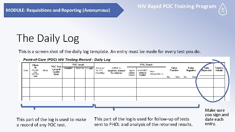 MODULE: Requisitions and Reporting (Anonymous) HIV Rapid POC Training Program The Daily Log This