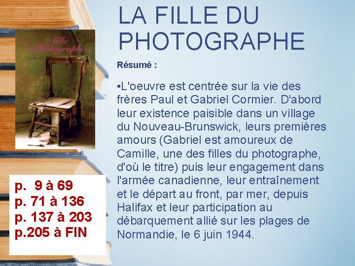 LA FILLE DU PHOTOGRAPHE Résumé : p. 9 à 69 p. 71 à 136