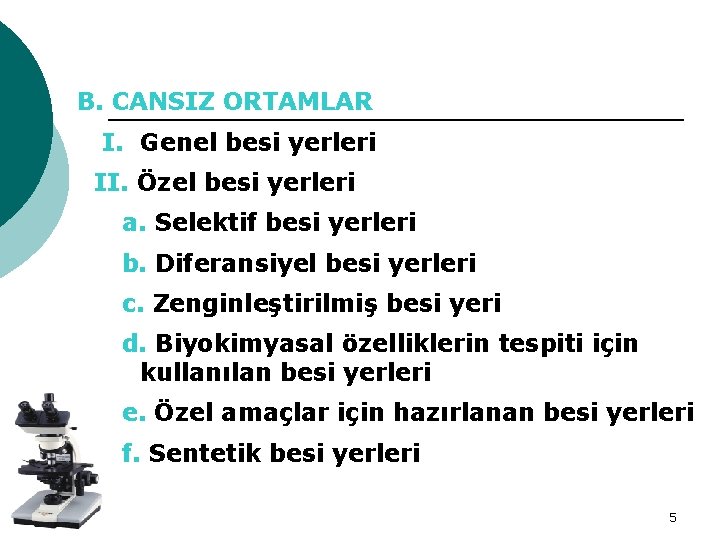 B. CANSIZ ORTAMLAR I. Genel besi yerleri II. Özel besi yerleri a. Selektif besi