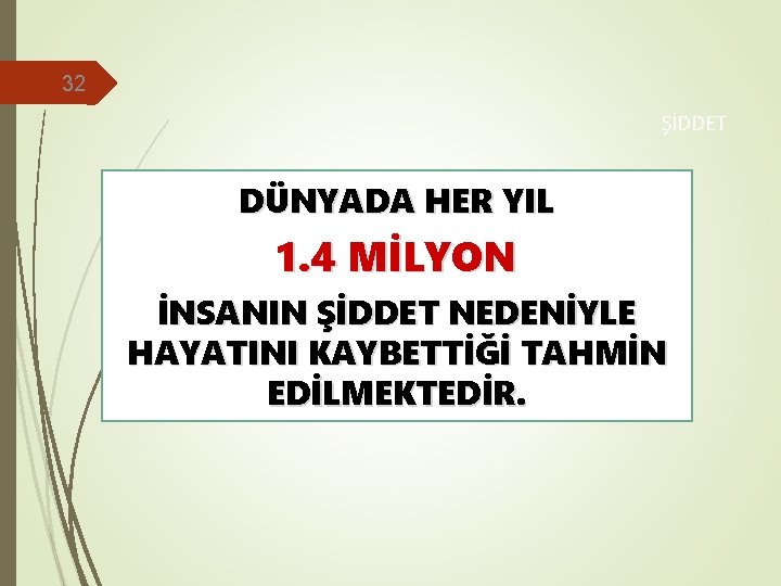 32 ŞİDDET DÜNYADA HER YIL 1. 4 MİLYON İNSANIN ŞİDDET NEDENİYLE HAYATINI KAYBETTİĞİ TAHMİN