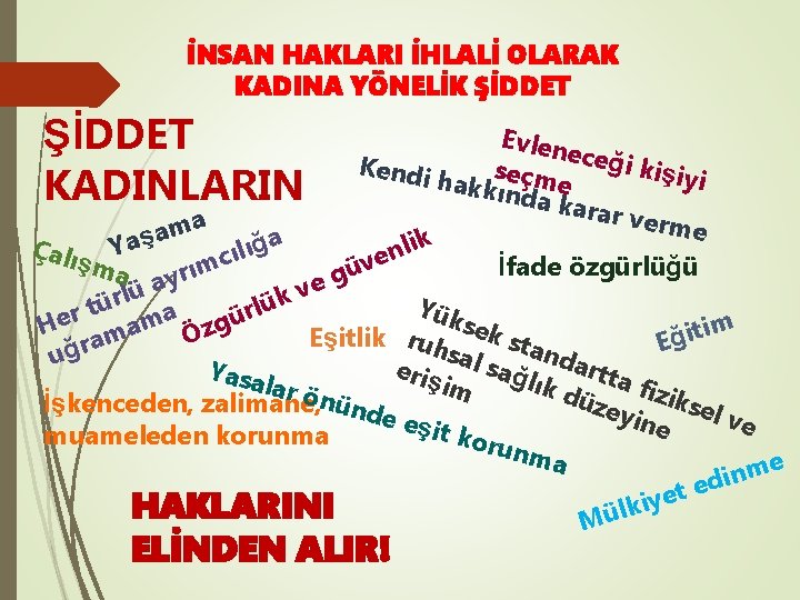 İNSAN HAKLARI İHLALİ OLARAK KADINA YÖNELİK ŞİDDET KADINLARIN Evlen eceği Kendi kişiyi eçme hakksın