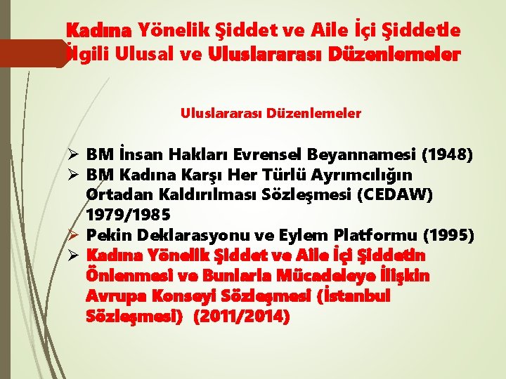 Kadına Yönelik Şiddet ve Aile İçi Şiddetle İlgili Ulusal ve Uluslararası Düzenlemeler Ø BM