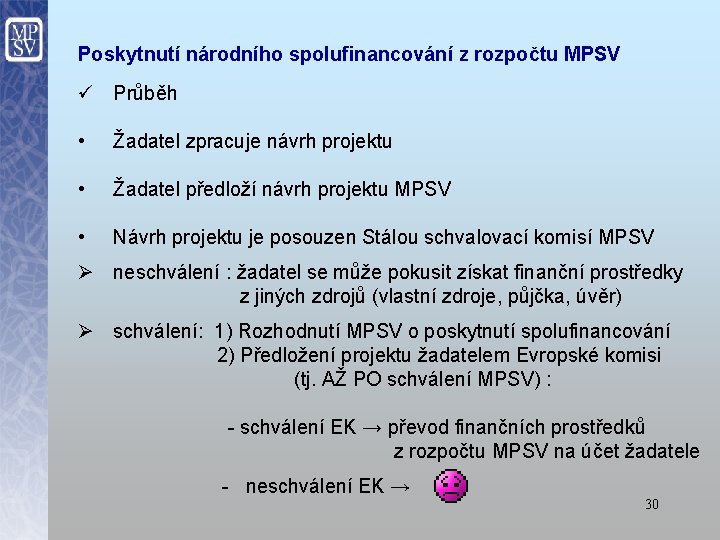 Poskytnutí národního spolufinancování z rozpočtu MPSV ü Průběh • Žadatel zpracuje návrh projektu •