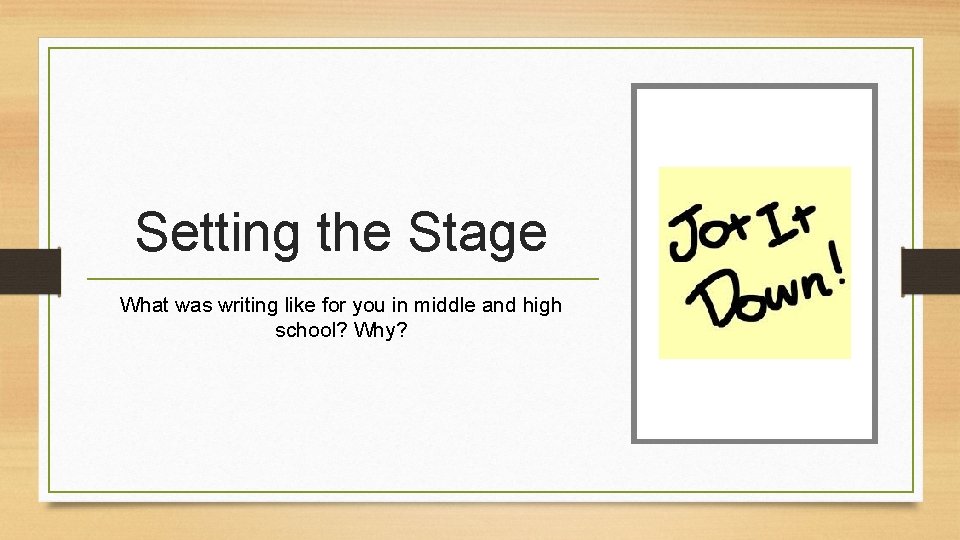Setting the Stage What was writing like for you in middle and high school?