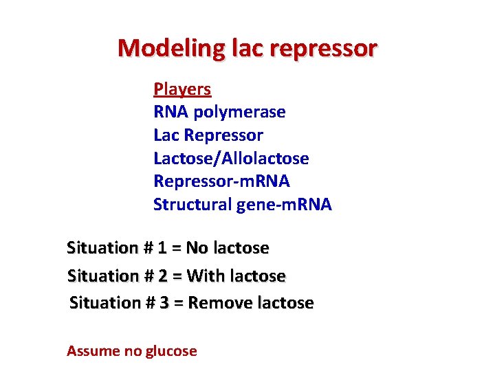 Modeling lac repressor Players RNA polymerase Lac Repressor Lactose/Allolactose Repressor-m. RNA Structural gene-m. RNA