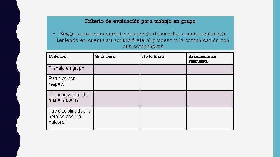 Criterio de evaluación para trabajo en grupo • Según su proceso durante la sección