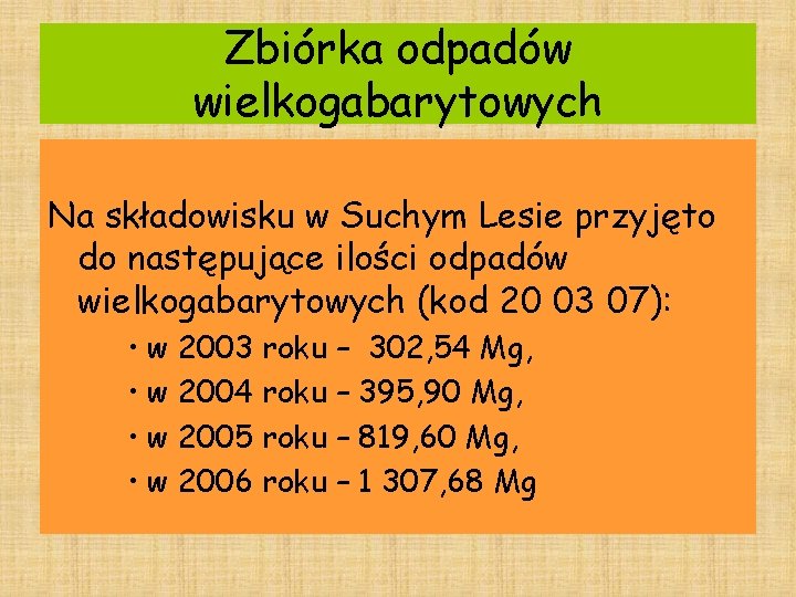 Zbiórka odpadów wielkogabarytowych Na składowisku w Suchym Lesie przyjęto do następujące ilości odpadów wielkogabarytowych