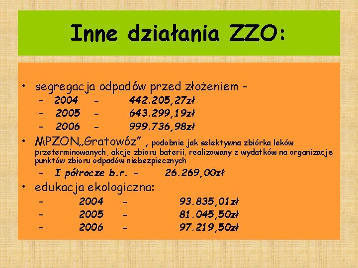 Inne działania ZZO: • segregacja odpadów przed złożeniem – – 2004 – 2005 –