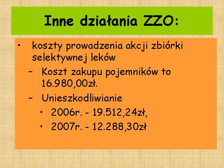 Inne działania ZZO: • koszty prowadzenia akcji zbiórki selektywnej leków – Koszt zakupu pojemników