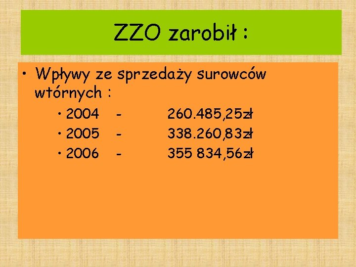 ZZO zarobił : • Wpływy ze sprzedaży surowców wtórnych : • 2004 • 2005