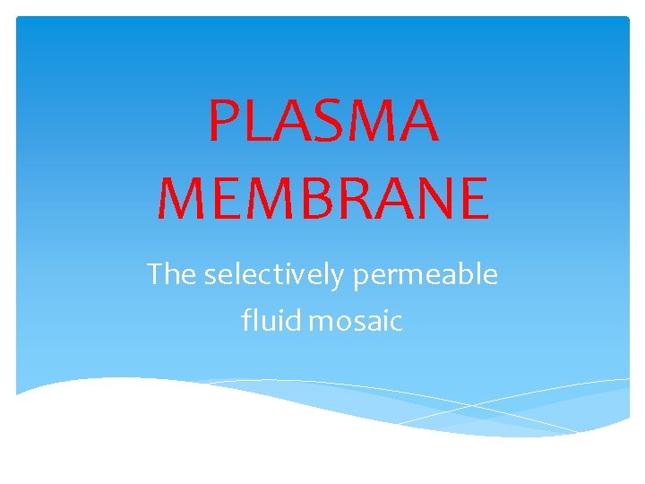 PLASMA MEMBRANE The selectively permeable fluid mosaic 