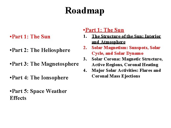 Roadmap • Part 1: The Sun 1. • Part 2: The Heliosphere 2. •