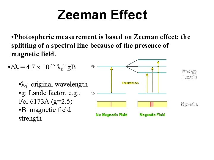 Zeeman Effect • Photospheric measurement is based on Zeeman effect: the splitting of a
