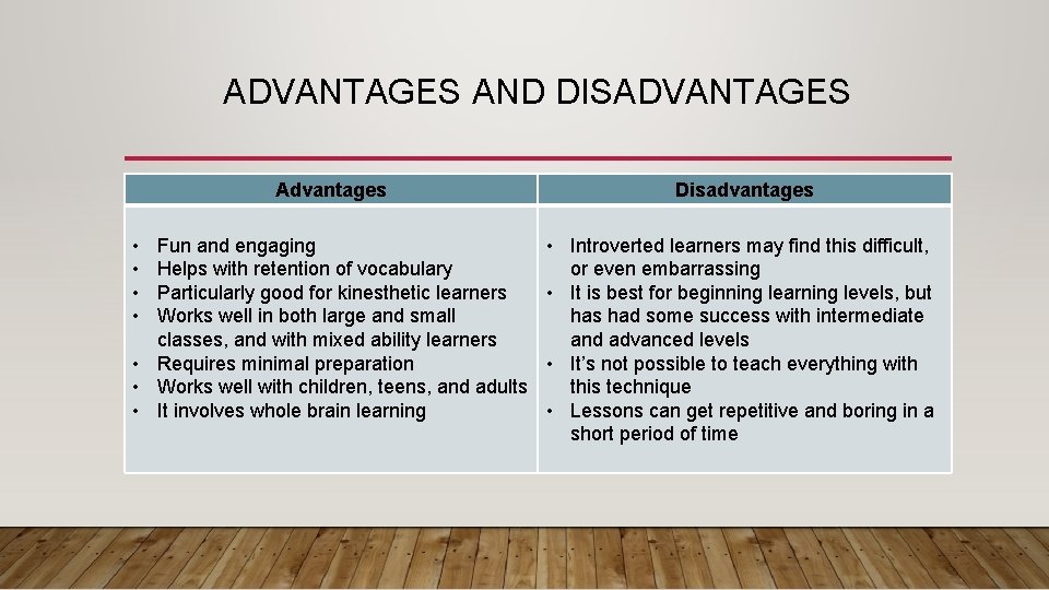 ADVANTAGES AND DISADVANTAGES Advantages Disadvantages Fun and engaging Helps with retention of vocabulary Particularly
