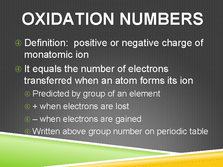 OXIDATION NUMBERS Definition: positive or negative charge of monatomic ion It equals the number