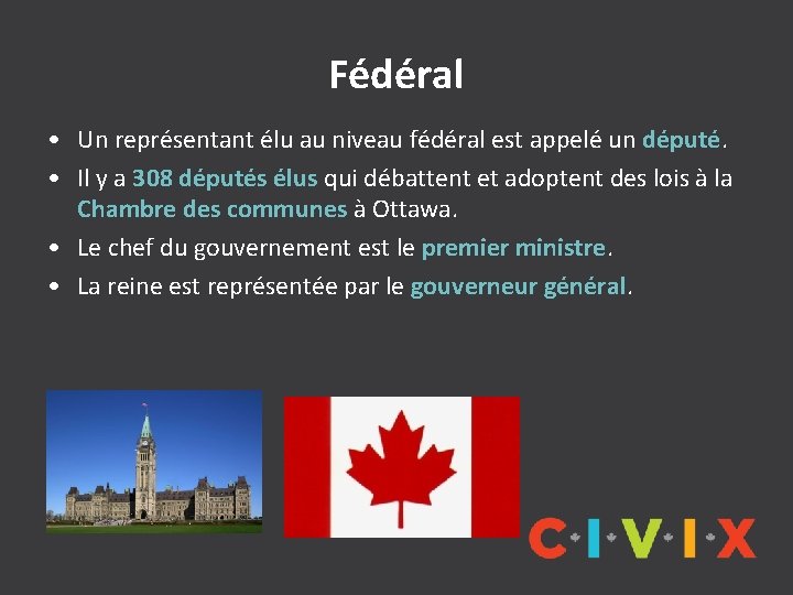 Fédéral • Un représentant élu au niveau fédéral est appelé un député. • Il