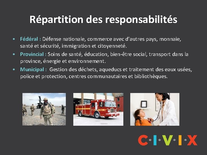 Répartition des responsabilités • Fédéral : Défense nationale, commerce avec d’autres pays, monnaie, santé