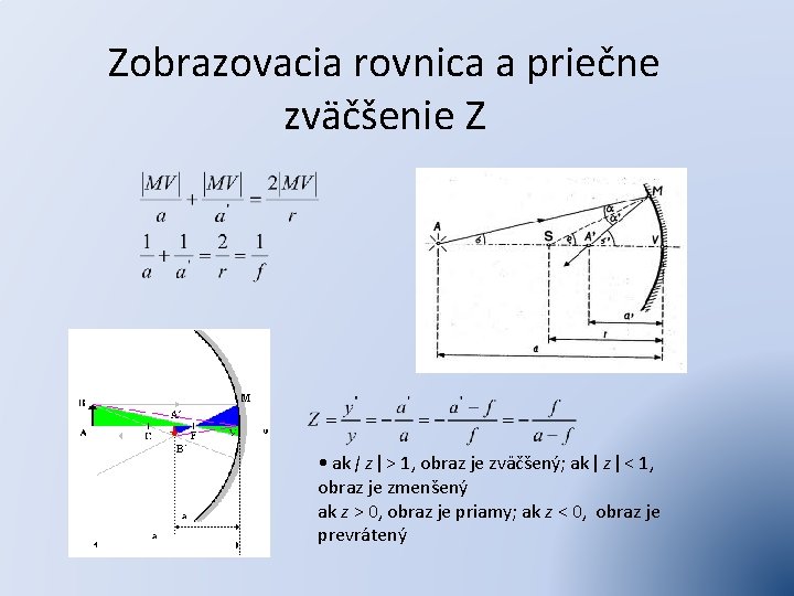 Zobrazovacia rovnica a priečne zväčšenie Z • ak ǀ z ǀ > 1, obraz