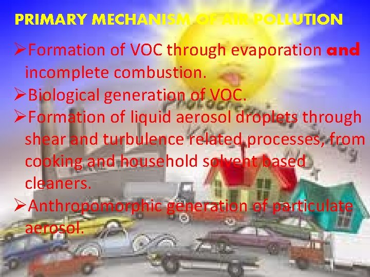 PRIMARY MECHANISM OF AIR POLLUTION ØFormation of VOC through evaporation and incomplete combustion. ØBiological