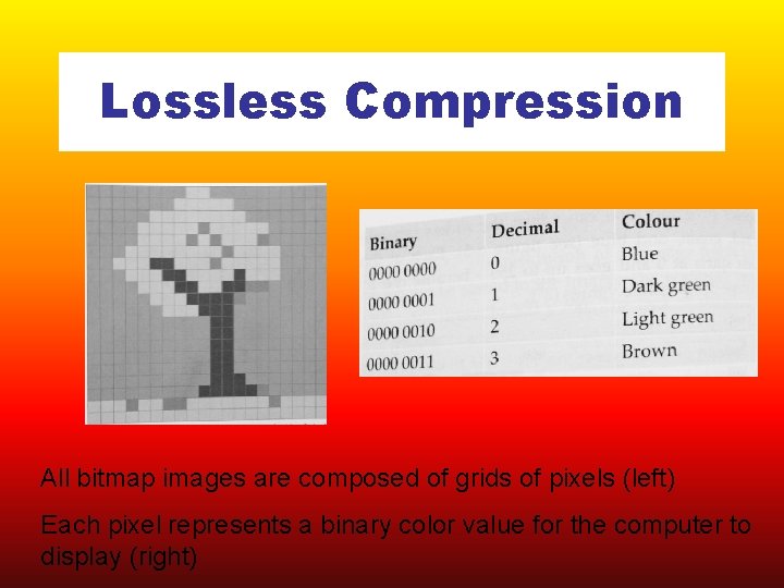 Lossless Compression All bitmap images are composed of grids of pixels (left) Each pixel