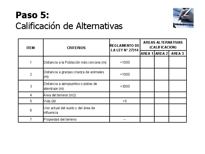 Paso 5: Calificación de Alternativas ITEM CRITERIOS REGLAMENTO DE LA LEY N° 27314 1