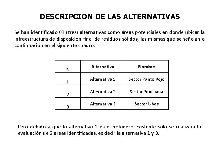 DESCRIPCION DE LAS ALTERNATIVAS Se han identificado 03 (tres) alternativas como áreas potenciales en