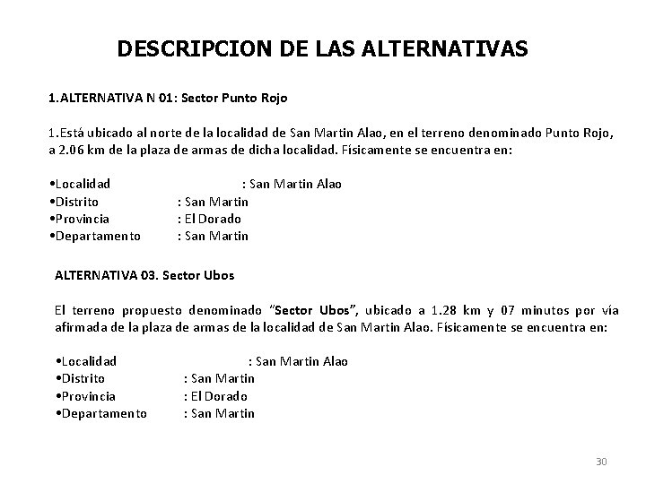 DESCRIPCION DE LAS ALTERNATIVAS 1. ALTERNATIVA N 01: Sector Punto Rojo 1. Está ubicado