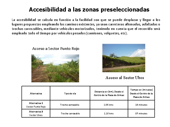 Accesibilidad a las zonas preseleccionadas La accesibilidad se calcula en función a la facilidad