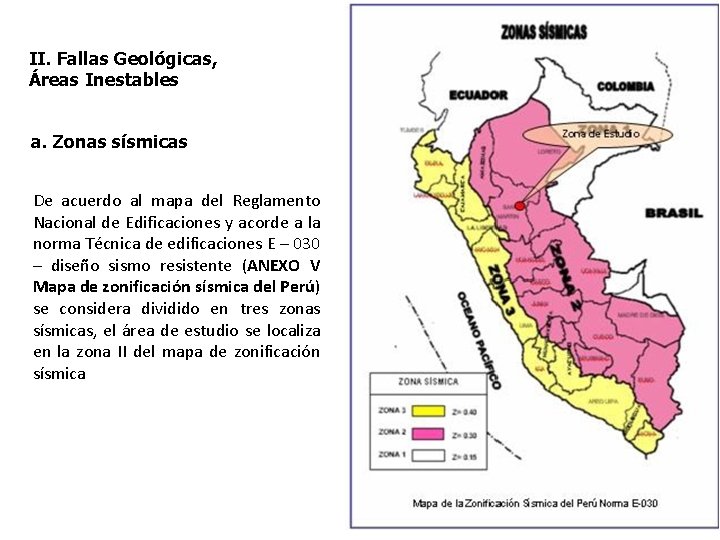 II. Fallas Geológicas, Áreas Inestables a. Zonas sísmicas De acuerdo al mapa del Reglamento