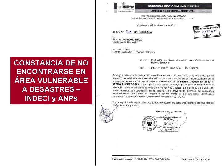 CONSTANCIA DE NO ENCONTRARSE EN ÁREA VULNERABLE A DESASTRES – INDECI y ANPs 48