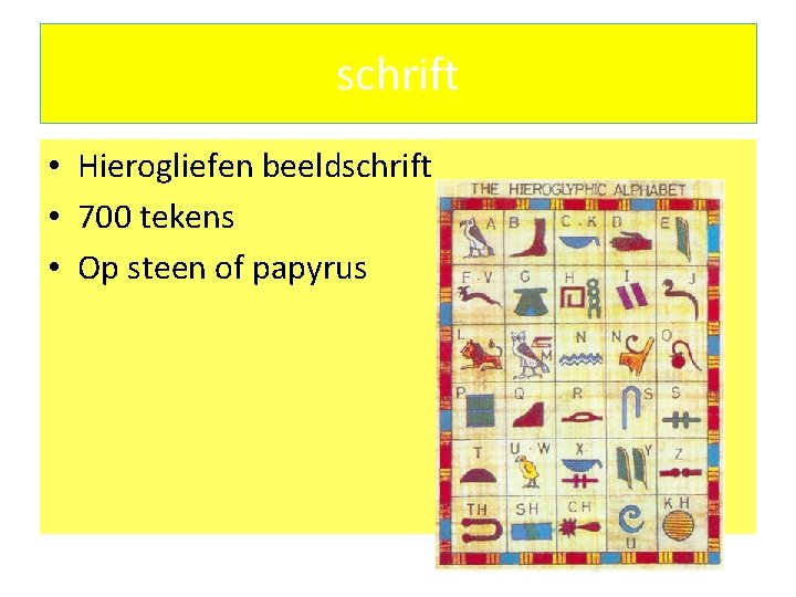 schrift • Hierogliefen beeldschrift • 700 tekens • Op steen of papyrus 