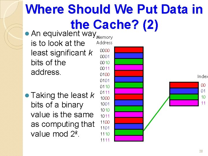 Where Should We Put Data in the Cache? (2) l An equivalent way. Memory